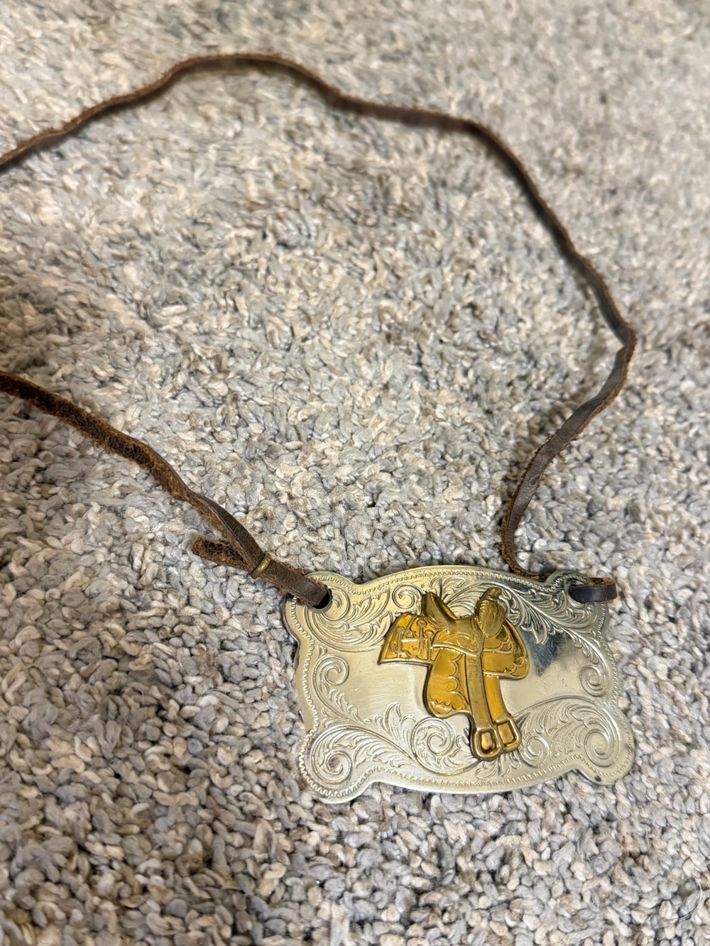 Western Leather Necklace with Gold-Tone Saddle belt bucklePendant